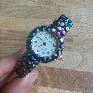 vernier ladies aurora borealis crystal hinged cuff watch NEW BATTERY